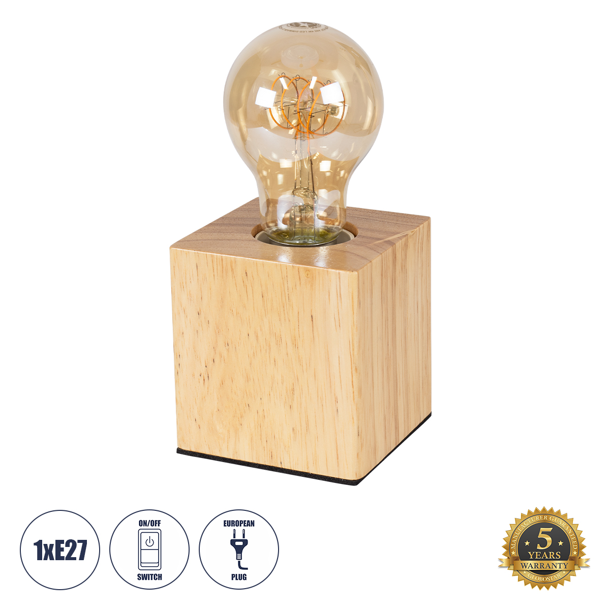 GloboStar® WOODBOX 99405 Μοντέρνο Επιτραπέζιο Φωτιστικό Πορτατίφ Μονόφωτο 1 x E27 AC220-240V με 1.35m Καλώδιο και Διακόπτη On/Off - Σώμα από Φυσικό Ξύλο - Μ7.6 x Π7.6 x Υ8.2cm - Μπεζ Δρυς - 5 Years Warranty