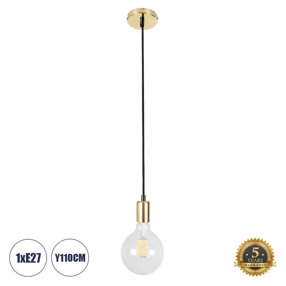 GloboStar® LUMI GOLD 99421 Μοντέρνο Κρεμαστό Φωτιστικό Ανάρτηση Μονόφωτο 1 x E27 IP20 Χρυσό Μέταλλο - Μ4 x Π4 x Υ110cm