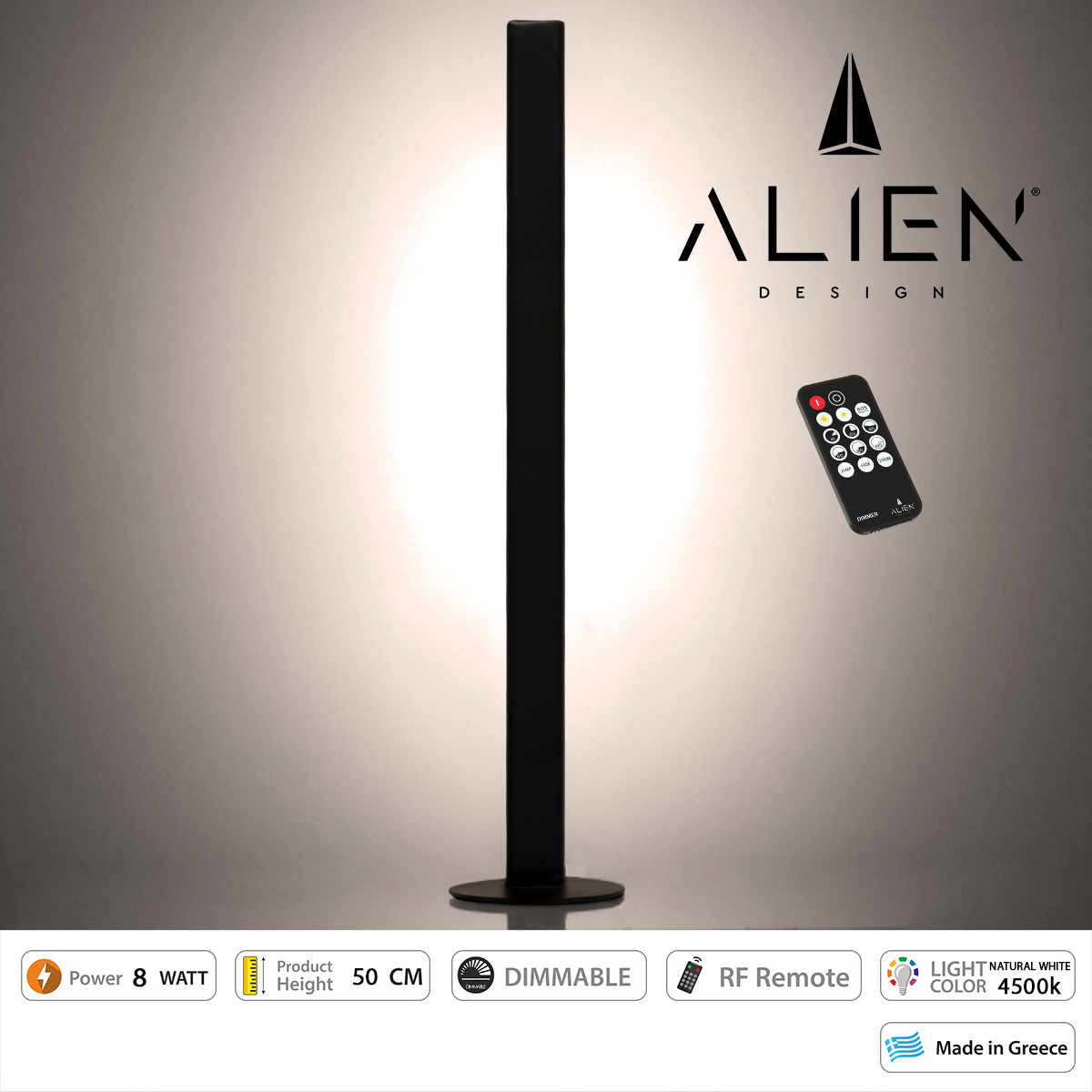 GloboStar® ALIEN-DIVA-BLACK-50-2 ALIEN Design DIVA Μοντέρνο Minimal Nordic Μεταλλικό Φωτιστικό Επιτραπέζιο - Πορτατίφ - Λαμπατέρ Μαύρο LED 8W 1040lm με Ασύρματο Χειριστήριο RF & Dimmer IP20 Φυσικό Λευκό 4500K Μ3 x Π1.6 x Υ50cm