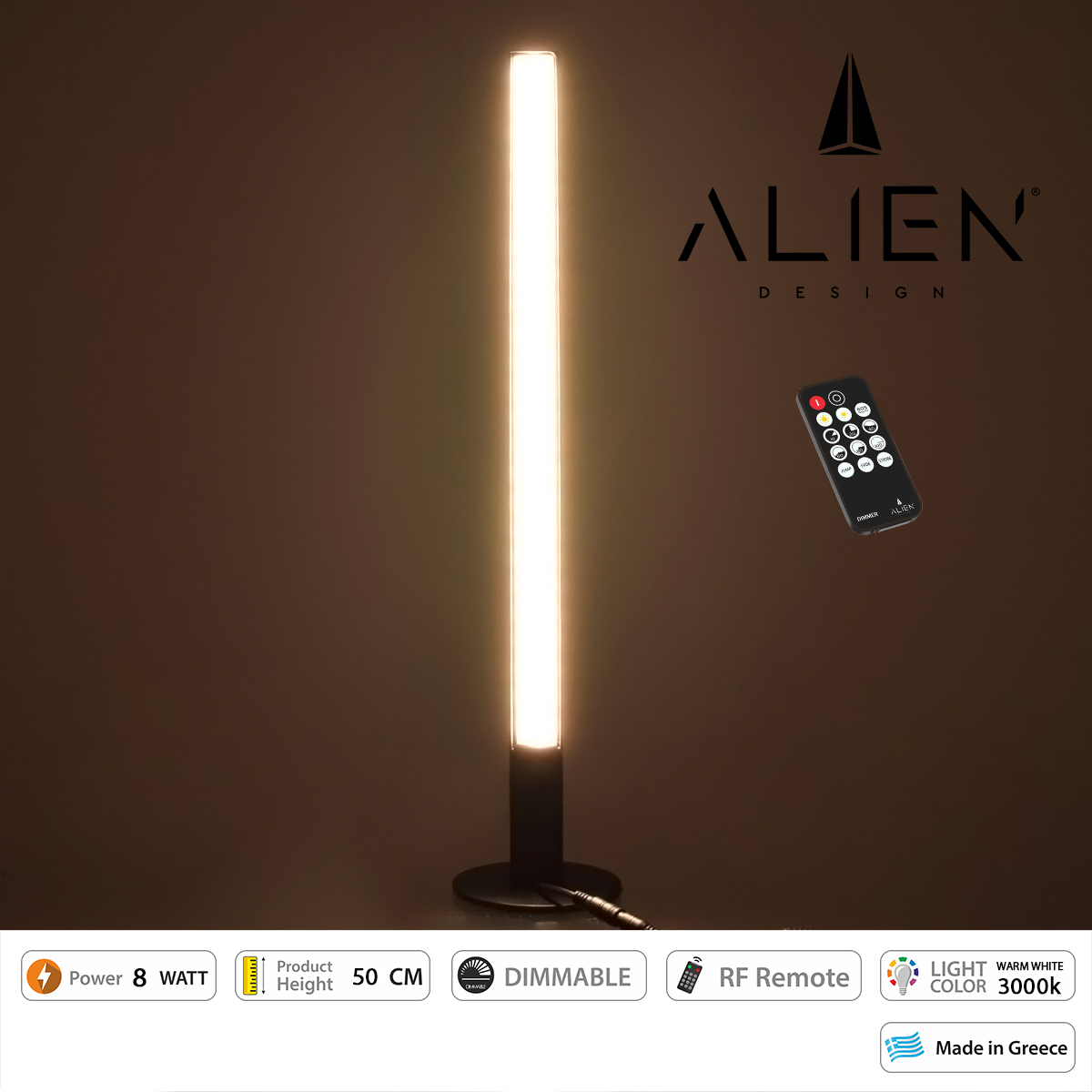 GloboStar® ALIEN-DIVA-BLACK-50-3 ALIEN Design DIVA Μοντέρνο Minimal Nordic Μεταλλικό Φωτιστικό Επιτραπέζιο - Πορτατίφ - Λαμπατέρ Μαύρο LED 8W 960lm με Ασύρματο Χειριστήριο RF & Dimmer IP20 Θερμό Λευκό 3000K Μ3 x Π1.6 x Υ50cm
