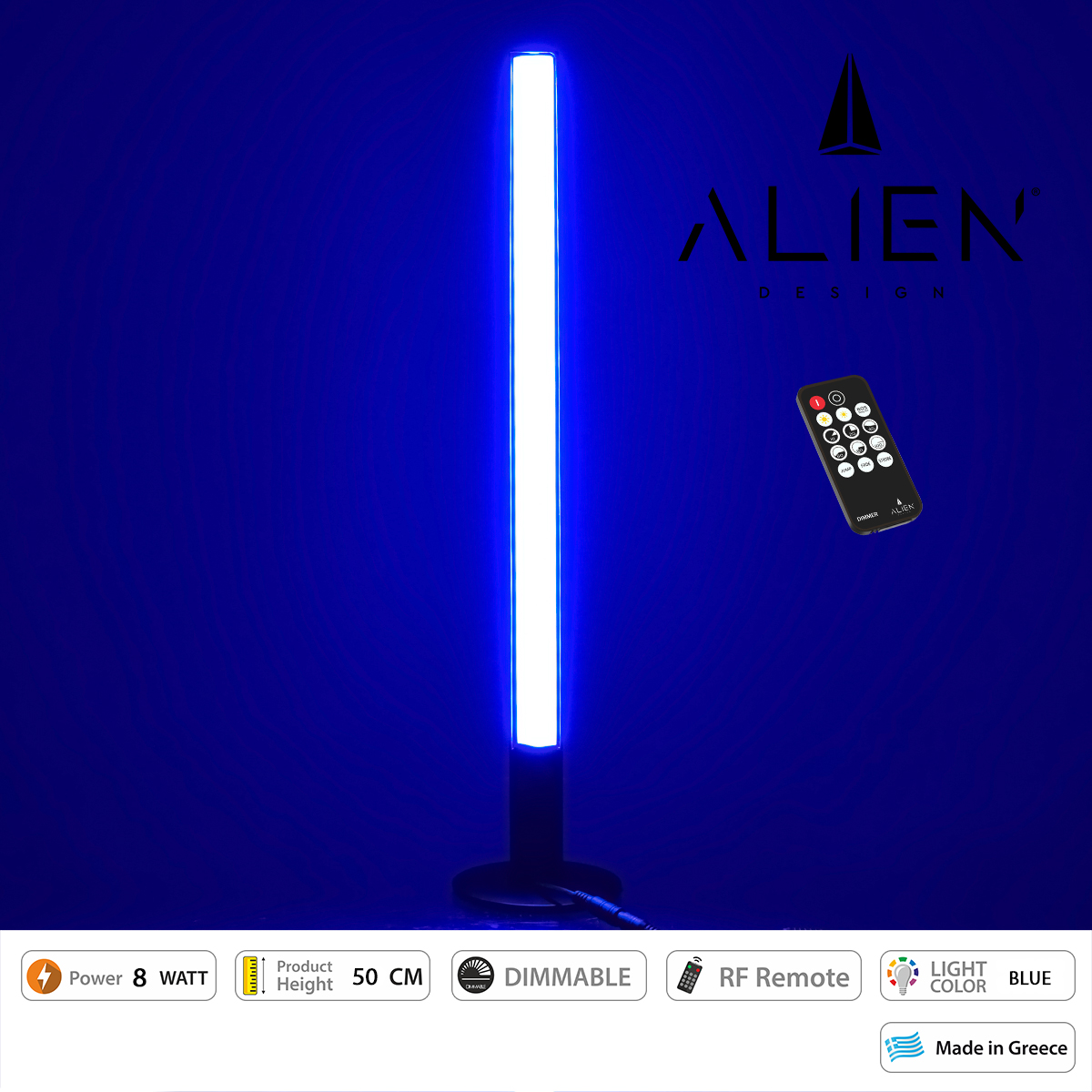 GloboStar® ALIEN-DIVA-BLACK-50-6 ALIEN Design DIVA Μοντέρνο Minimal Nordic Μεταλλικό Φωτιστικό Επιτραπέζιο - Πορτατίφ - Λαμπατέρ Μαύρο LED 8W 800lm με Ασύρματο Χειριστήριο RF & Dimmer IP20 Μπλε Μ3 x Π1.6 x Υ50cm
