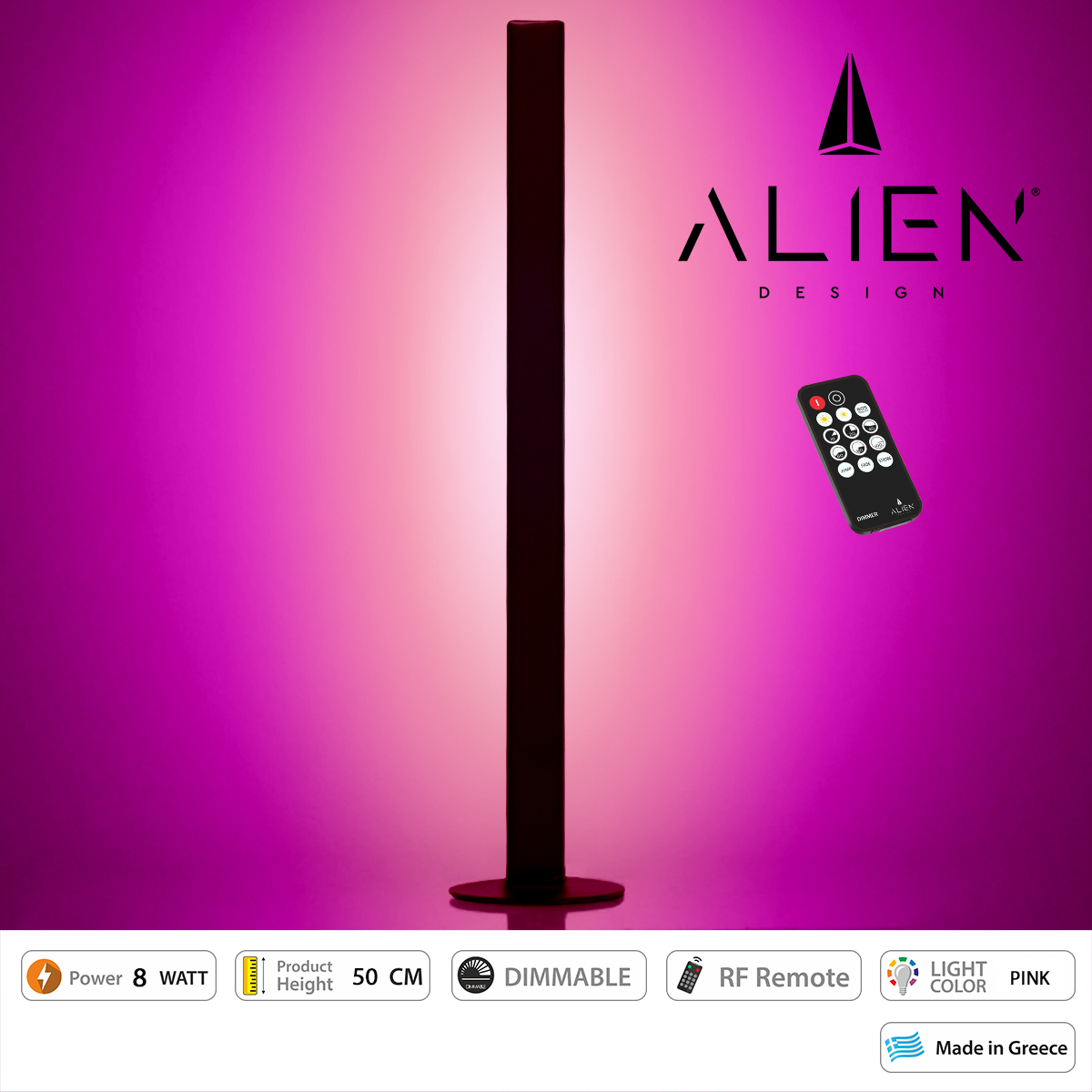 GloboStar® ALIEN-DIVA-BLACK-50-7 ALIEN Design DIVA Μοντέρνο Minimal Nordic Μεταλλικό Φωτιστικό Επιτραπέζιο - Πορτατίφ - Λαμπατέρ Μαύρο LED 8W 800 lm με Ασύρματο Χειριστήριο RF & Dimmer IP20 Ροζ Μ3 x Π1.6 x Υ50cm