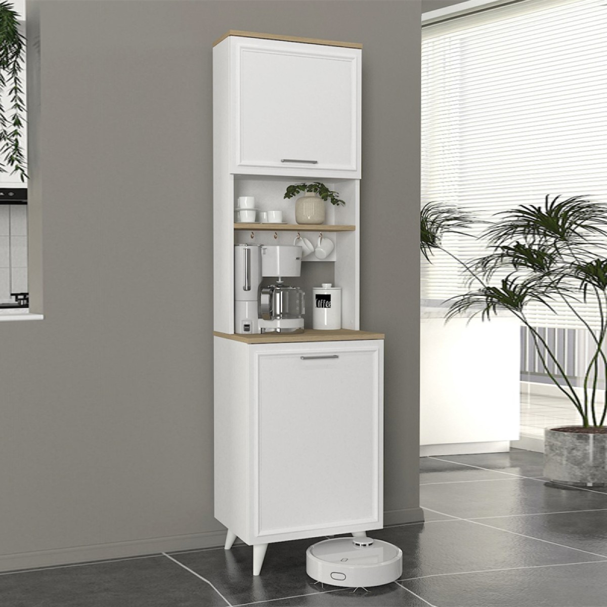 Έπιπλο κουζίνας Potter 1 Megapap χρώμα λευκό - rota oak 53,4x39,6x196,1εκ.