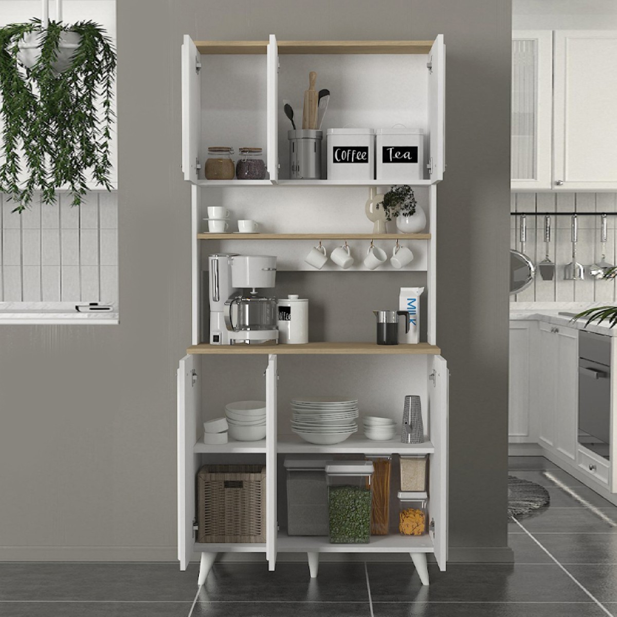 Έπιπλο κουζίνας Potter 3 Megapap χρώμα λευκό - rota oak 90x40x196,1εκ. Έπιπλο κουζίνας Potter 3 Megapap χρώμα λευκό - rota oak 90x40x196,1εκ.