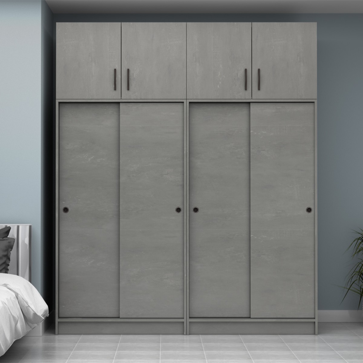 Ντουλάπα ρούχων Regio Megapap τετράφυλλη συρόμενη με πατάρι χρώμα γκρι σκυροδέματος 200x60x240εκ.