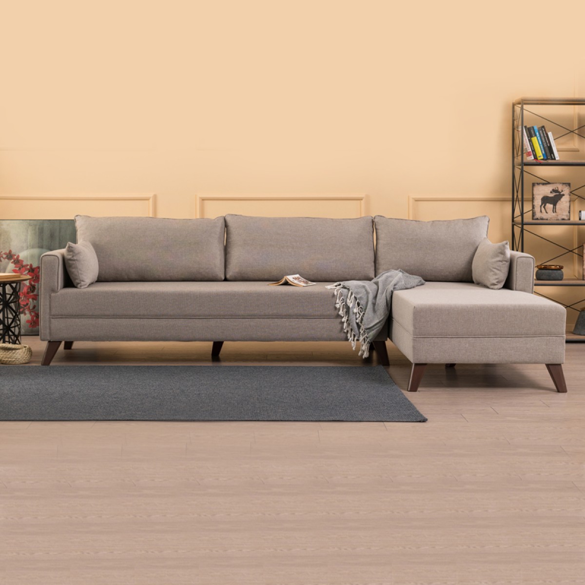 Γωνιακός καναπές Bella Megapap δεξιά γωνία υφασμάτινος χρώμα κρεμ 275x165x85εκ.