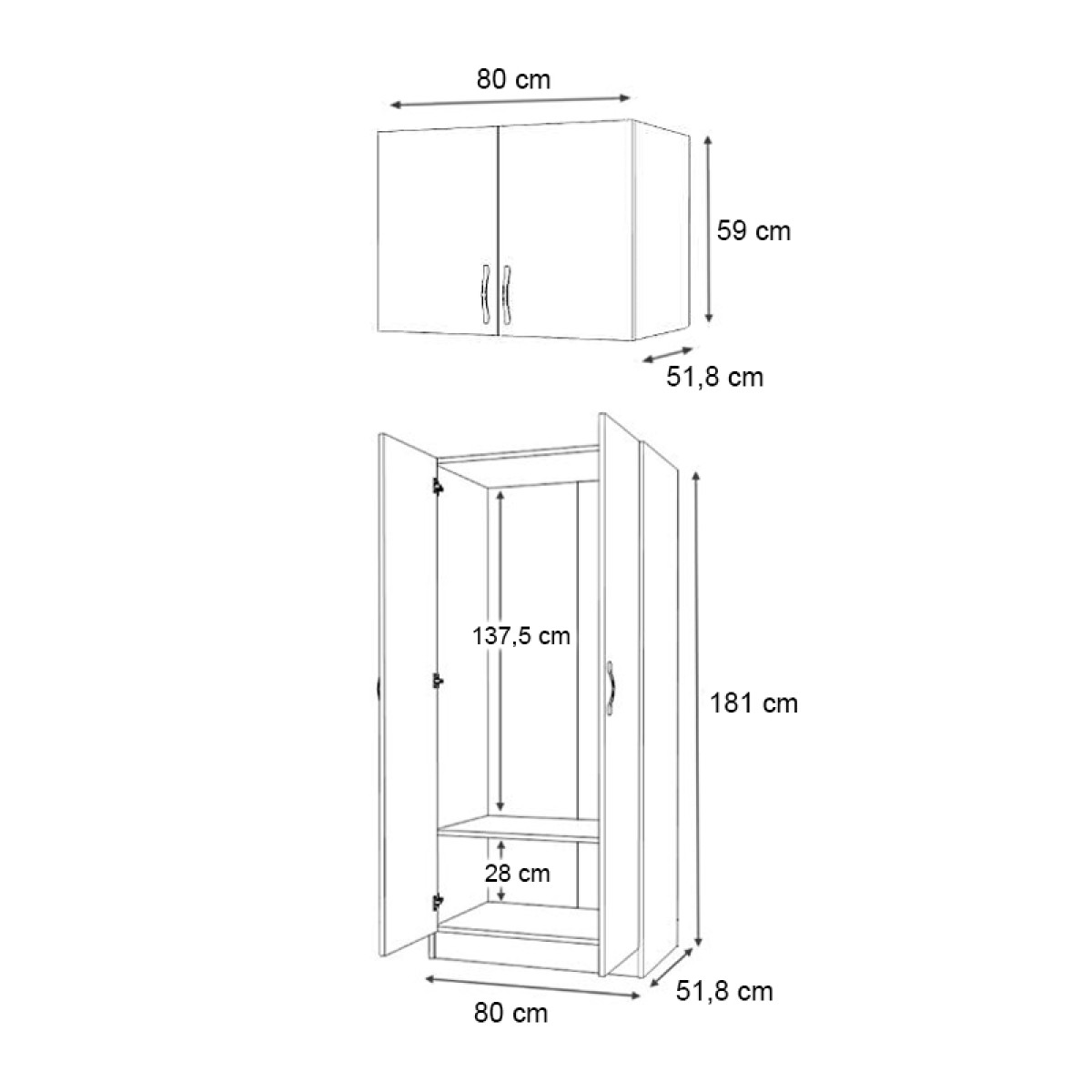 Ντουλάπα ρούχων Vivian Megapap δίφυλλη με πατάρι χρώμα καρυδί 80x51,8x240εκ.