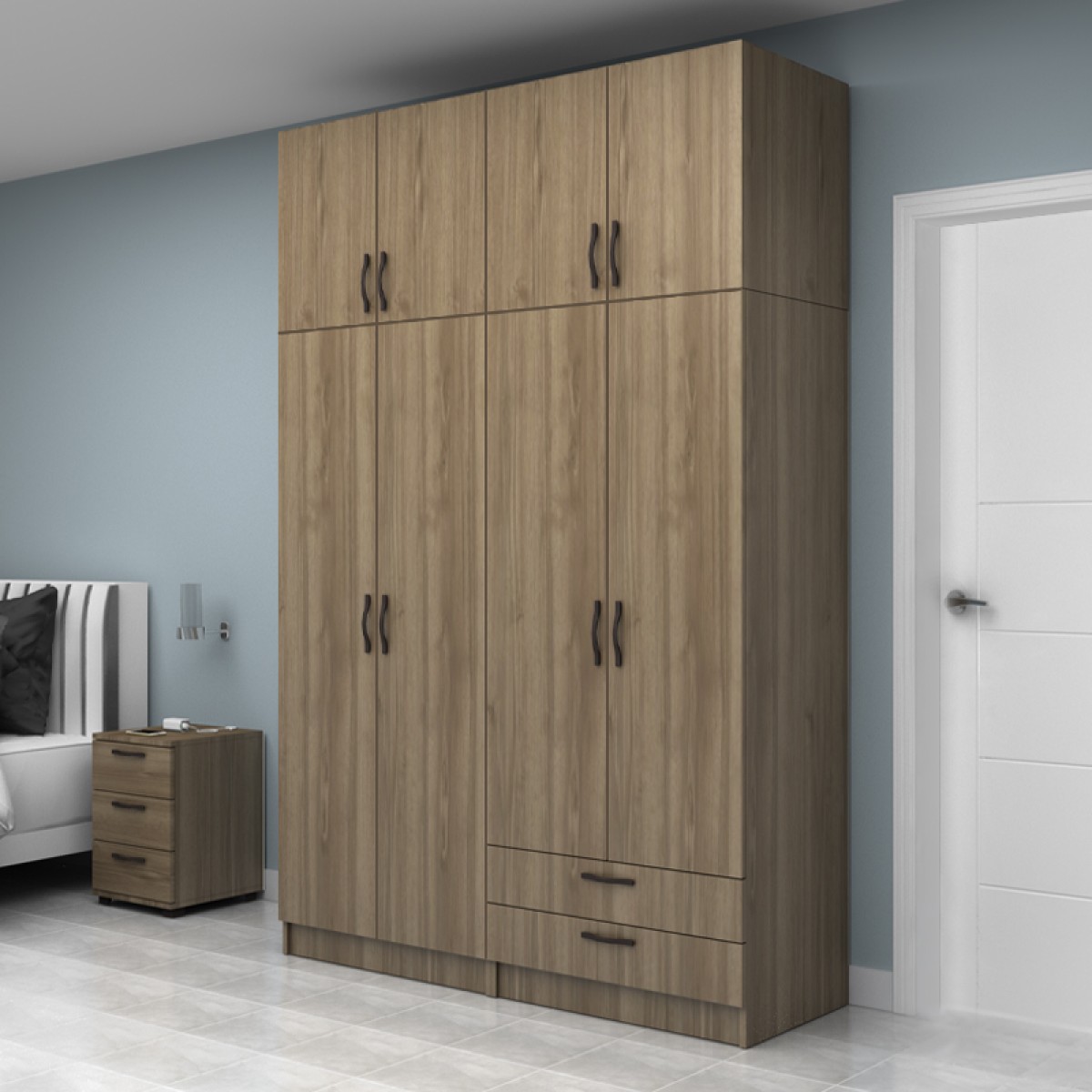 Ντουλάπα ρούχων Vivian Megapap τετράφυλλη με πατάρι και συρτάρια χρώμα καρυδί 160x51,8x240εκ.