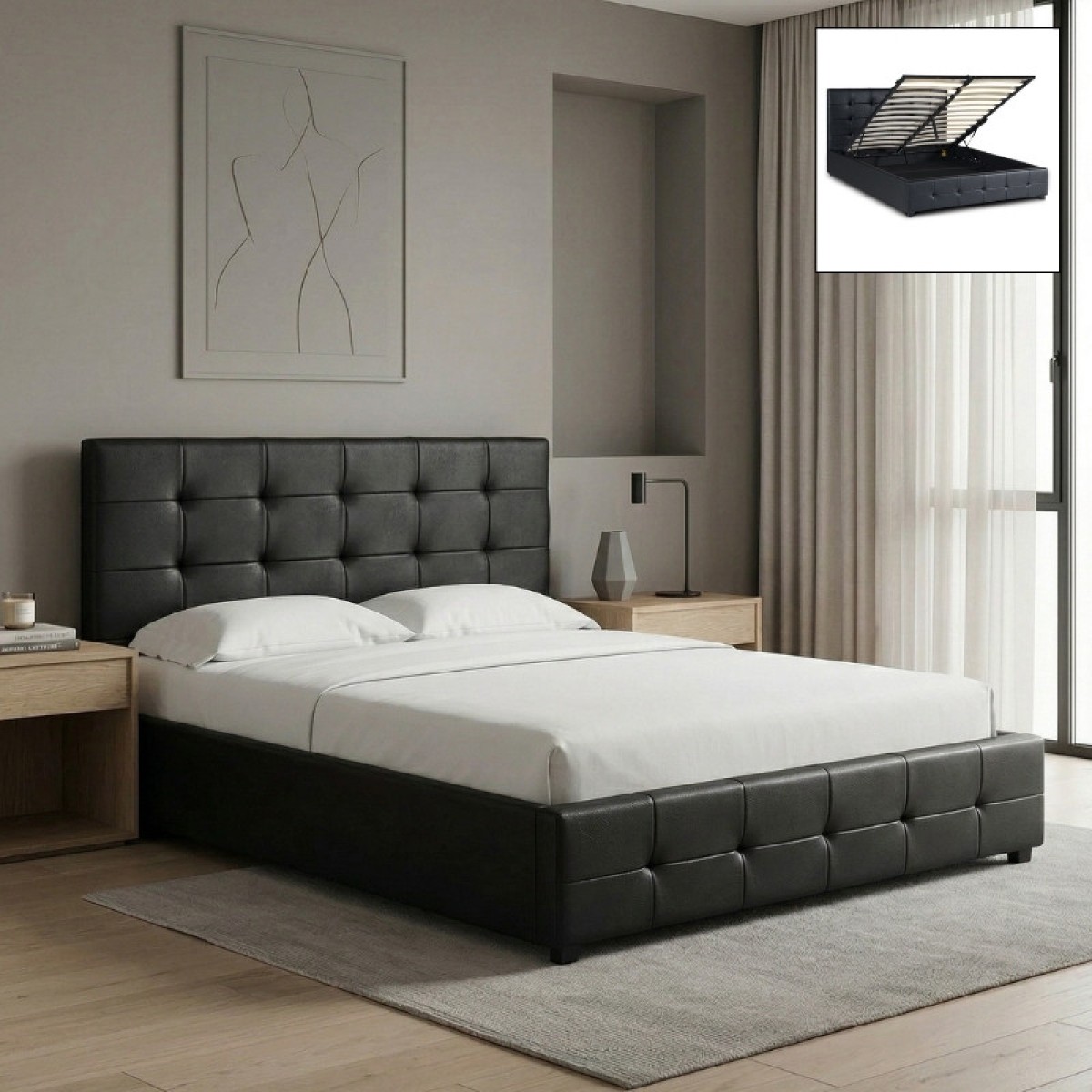 Κρεβάτι Iro Megapap από τεχνόδερμα με αποθηκευτικό χώρο χρώμα μαύρο 150x200εκ.