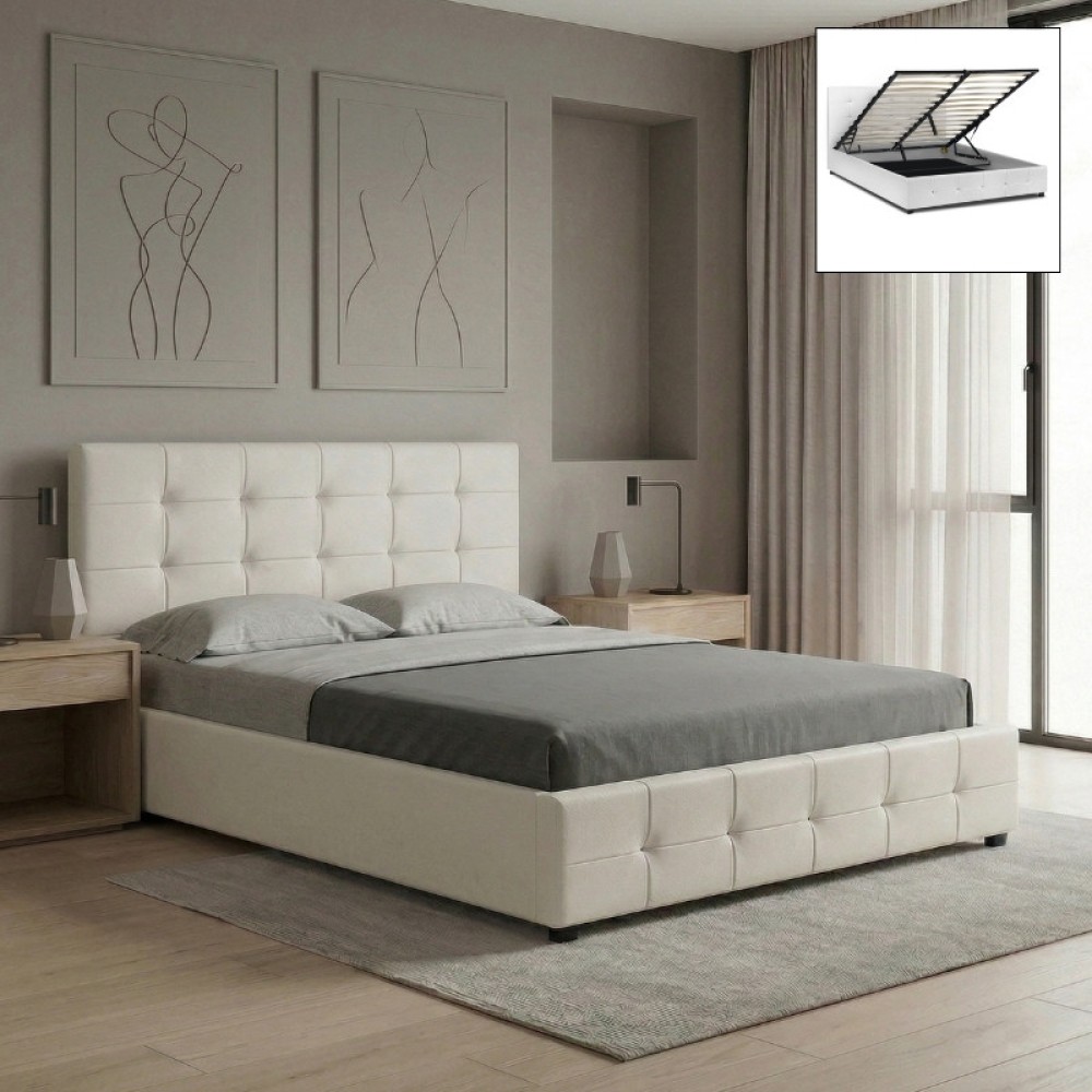 Κρεβάτι Iro Megapap από τεχνόδερμα με αποθηκευτικό χώρο χρώμα λευκό 150x200εκ.