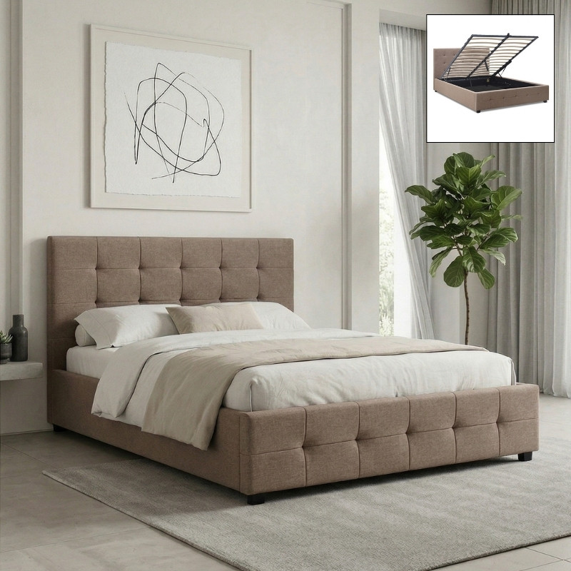 Κρεβάτι Iro Megapap υφασμάτινο με αποθηκευτικό χώρο χρώμα μπεζ - καφέ 150x200εκ.