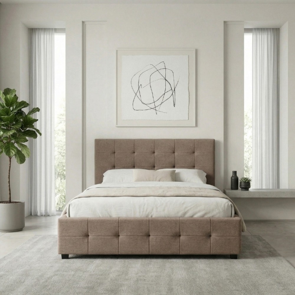 Κρεβάτι Iro Megapap υφασμάτινο με αποθηκευτικό χώρο χρώμα μπεζ - καφέ 160x200εκ.