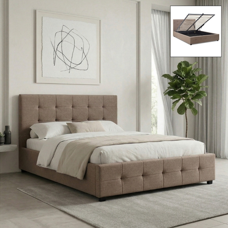 Κρεβάτι Iro Megapap υφασμάτινο με αποθηκευτικό χώρο χρώμα μπεζ - καφέ 160x200εκ.