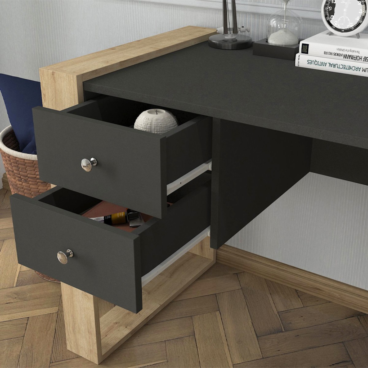 Γραφείο εργασίας Fernando Megapap χρώμα ανθρακί - sapphire oak 158,4x60x72,2εκ.