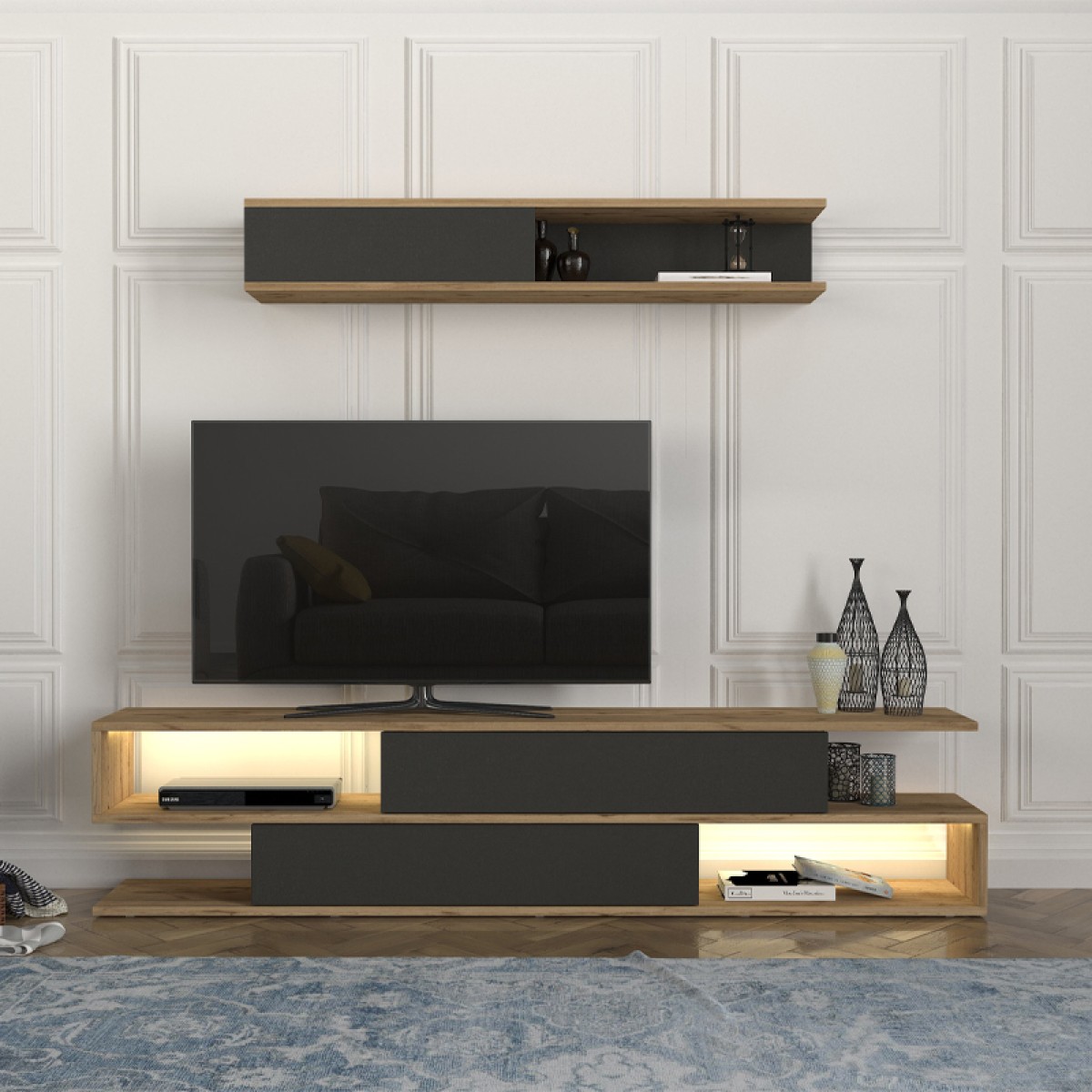 Σύνθεση τηλεόρασης Manet Megapap με LED χρώμα sepet oak - ανθρακί 180x29,5x39εκ.