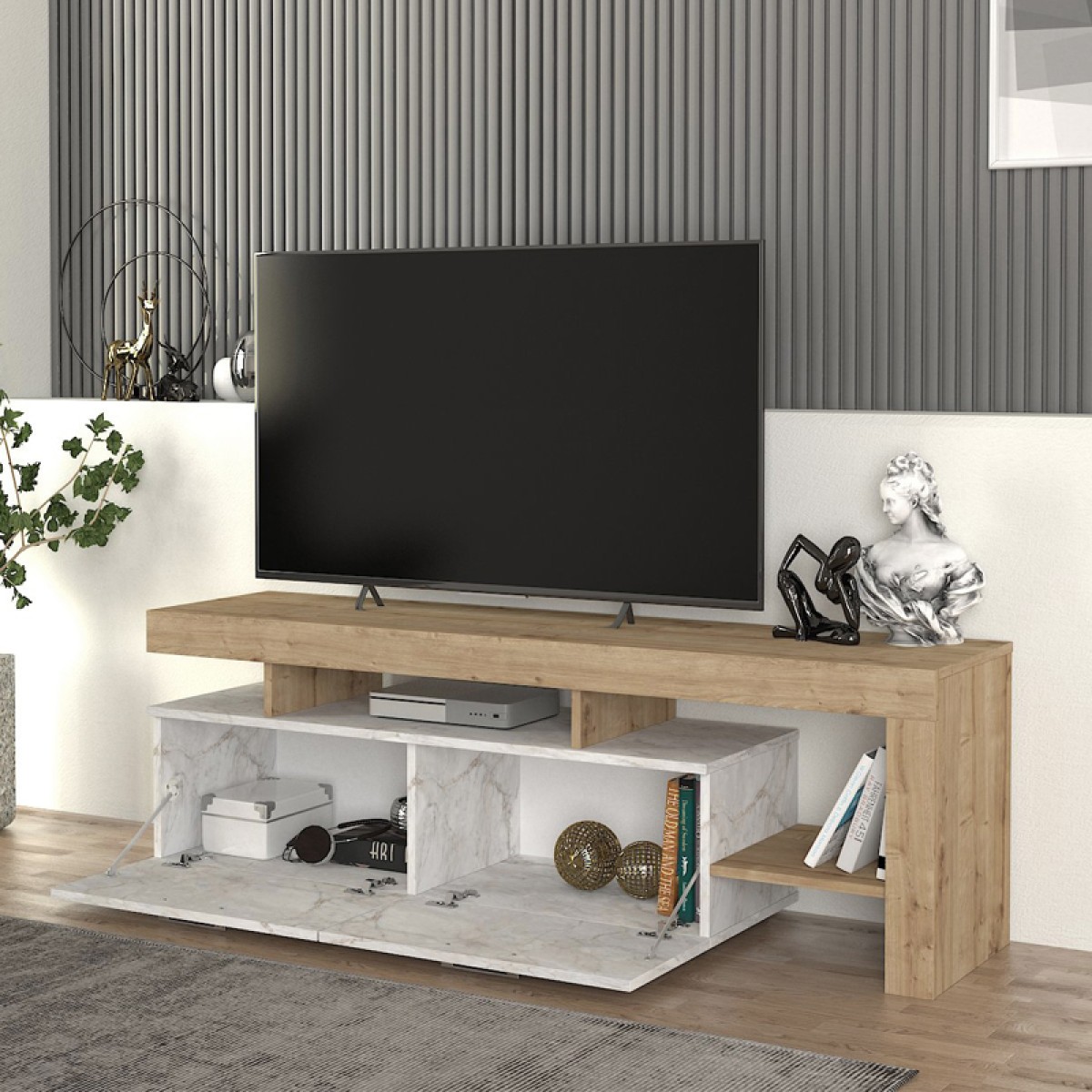 Έπιπλο τηλεόρασης Acnes Megapap χρώμα λευκό εφέ μαρμάρου - sapphire oak 160x40x53εκ. Έπιπλο τηλεόρασης Acnes Megapap χρώμα λευκό εφέ μαρμάρου - sapphire oak 160x40x53εκ.