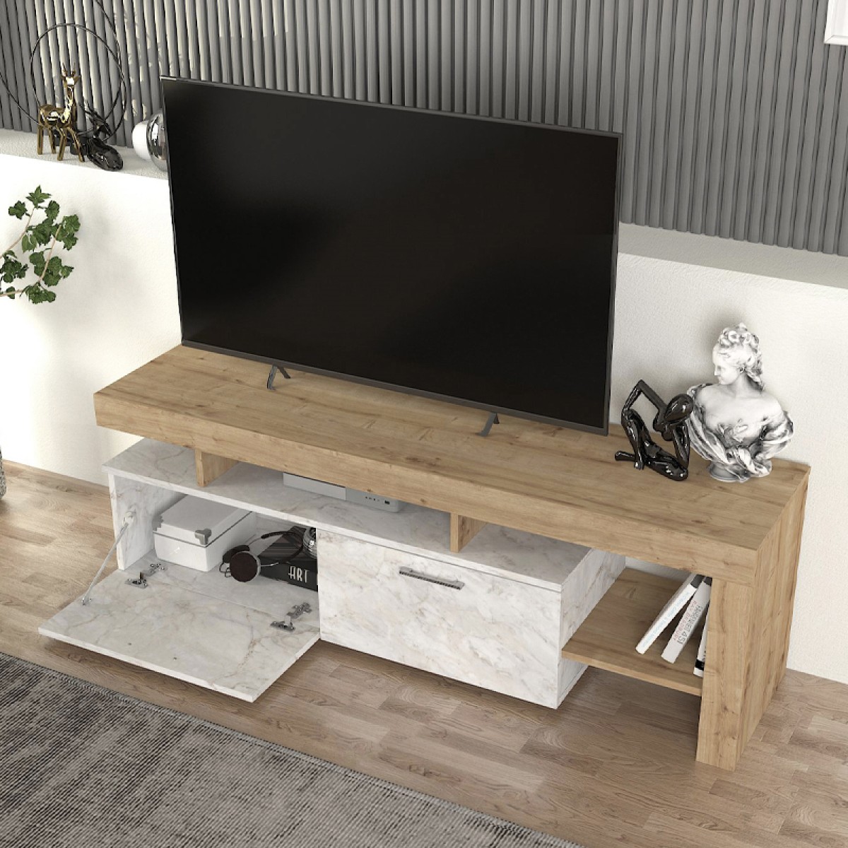 Έπιπλο τηλεόρασης Acnes Megapap χρώμα λευκό εφέ μαρμάρου - sapphire oak 160x40x53εκ. Έπιπλο τηλεόρασης Acnes Megapap χρώμα λευκό εφέ μαρμάρου - sapphire oak 160x40x53εκ.