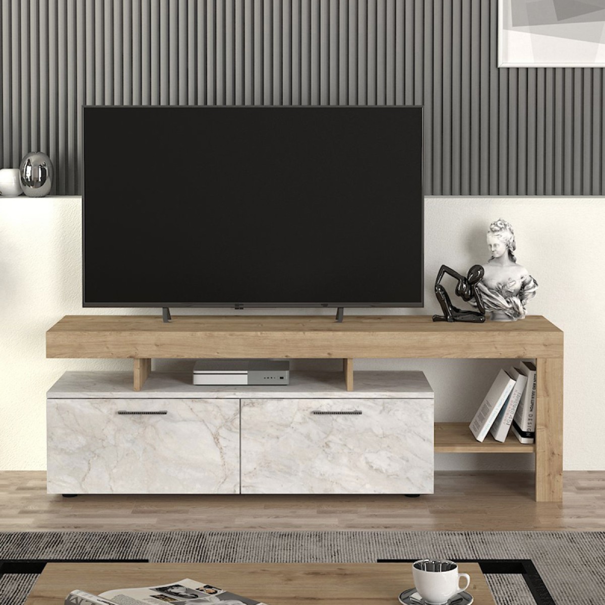 Έπιπλο τηλεόρασης Acnes Megapap χρώμα λευκό εφέ μαρμάρου - sapphire oak 160x40x53εκ. Έπιπλο τηλεόρασης Acnes Megapap χρώμα λευκό εφέ μαρμάρου - sapphire oak 160x40x53εκ.