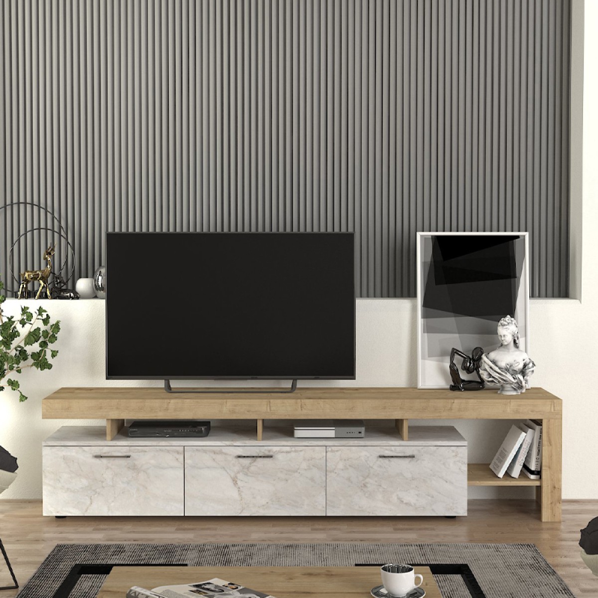 Έπιπλο τηλεόρασης Acnes Megapap χρώμα λευκό εφέ μαρμάρου - sapphire oak 220x40x52εκ. Έπιπλο τηλεόρασης Acnes Megapap χρώμα λευκό εφέ μαρμάρου - sapphire oak 220x40x52εκ.