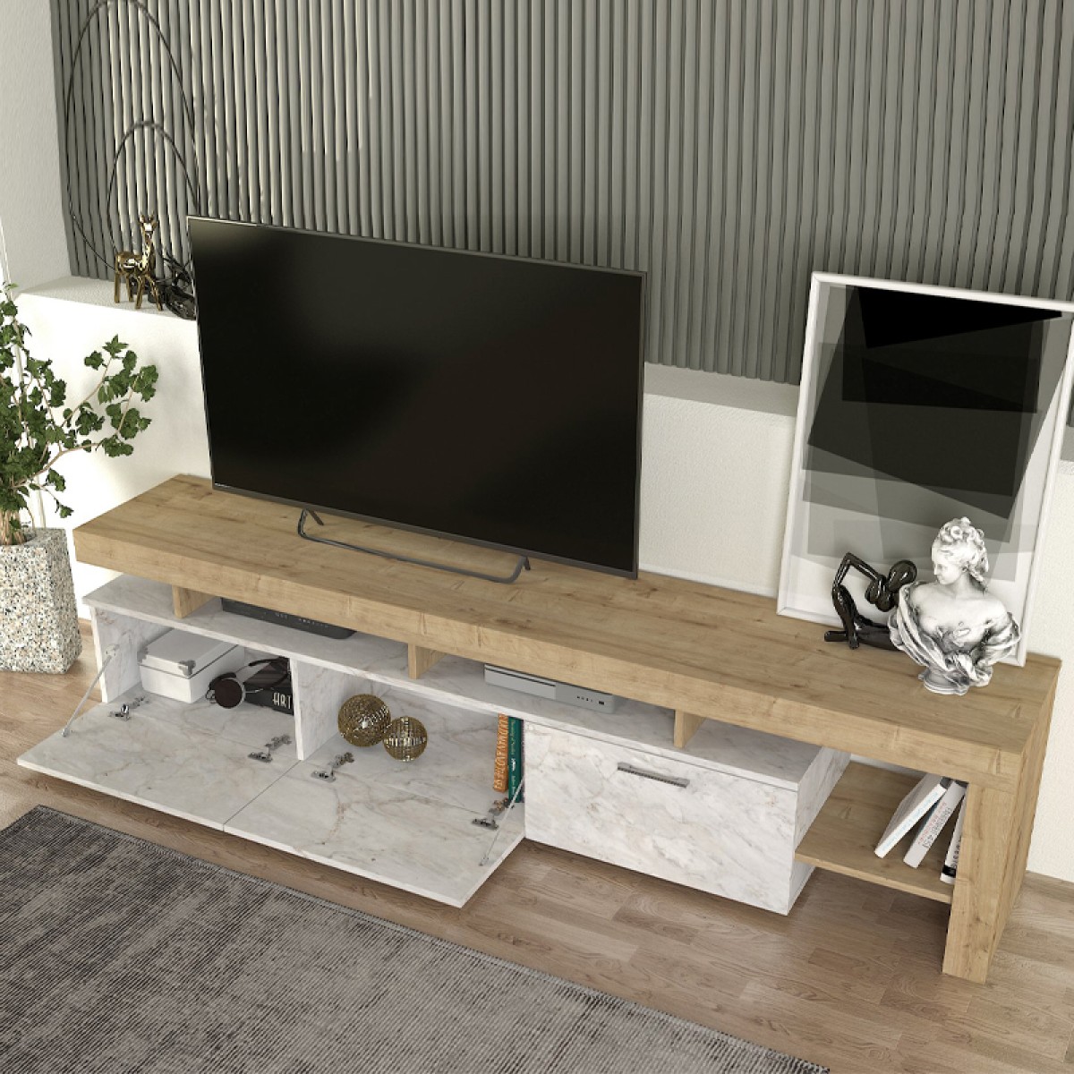 Έπιπλο τηλεόρασης Acnes Megapap χρώμα λευκό εφέ μαρμάρου - sapphire oak 220x40x52εκ. Έπιπλο τηλεόρασης Acnes Megapap χρώμα λευκό εφέ μαρμάρου - sapphire oak 220x40x52εκ.