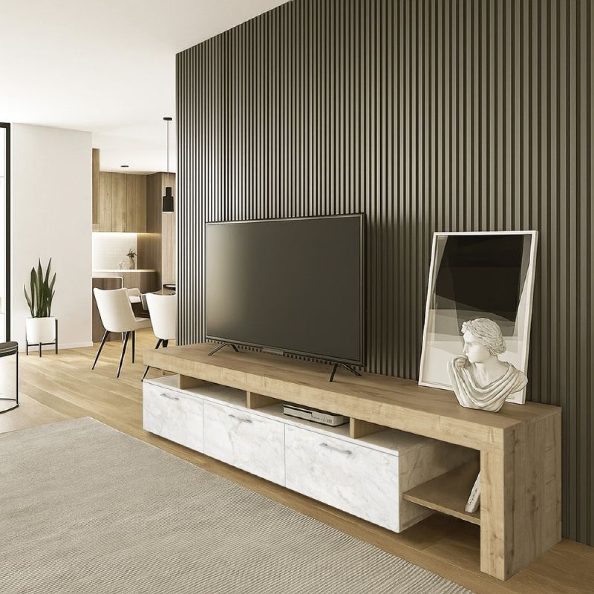 Έπιπλο τηλεόρασης Acnes Megapap χρώμα λευκό εφέ μαρμάρου - sapphire oak 220x40x52εκ. Έπιπλο τηλεόρασης Acnes Megapap χρώμα λευκό εφέ μαρμάρου - sapphire oak 220x40x52εκ.