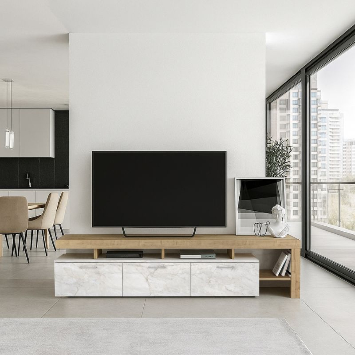 Έπιπλο τηλεόρασης Acnes Megapap χρώμα λευκό εφέ μαρμάρου - sapphire oak 220x40x52εκ. Έπιπλο τηλεόρασης Acnes Megapap χρώμα λευκό εφέ μαρμάρου - sapphire oak 220x40x52εκ.