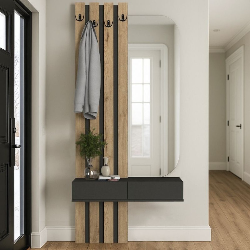 Έπιπλο εισόδου Reyas Megapap χρώμα ανθρακί - sepet oak 90x27x205,6εκ.