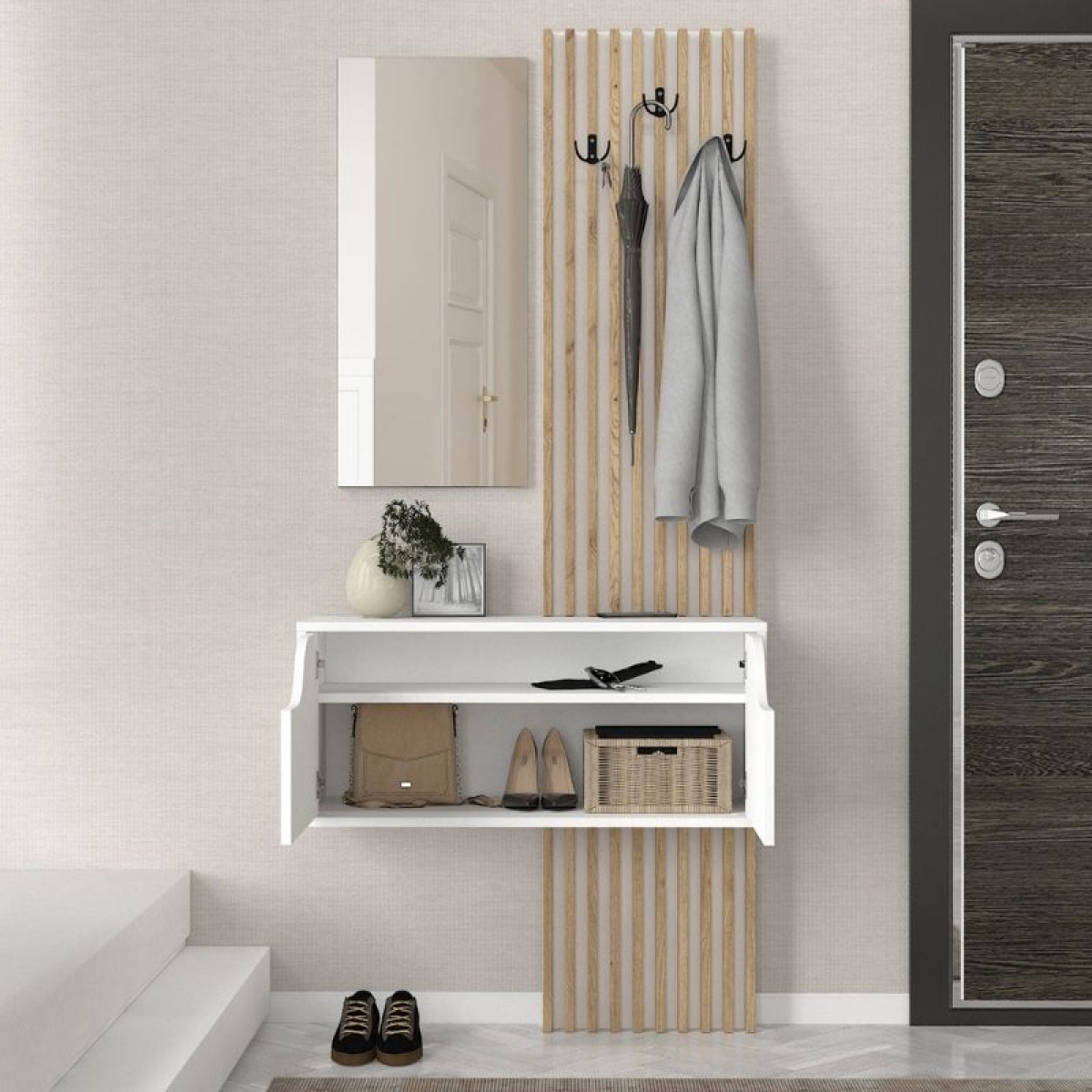 Έπιπλο εισόδου Naro Megapap χρώμα λευκό - sepet oak 90x35x204,2εκ.