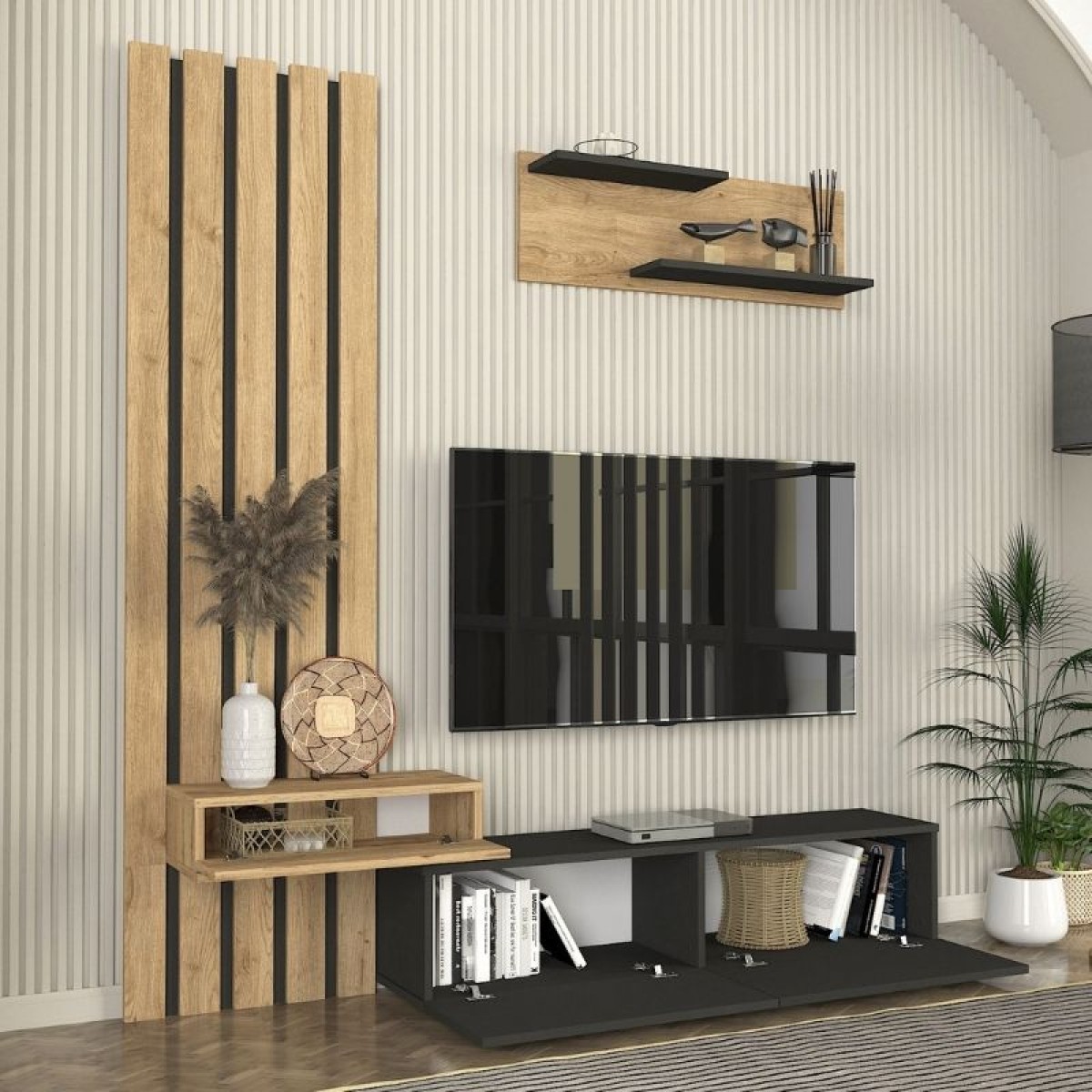 Σύνθεση τηλεόρασης Rosaline Megapap χρώμα ανθρακί - sepet oak 183x31,3x196,9εκ.