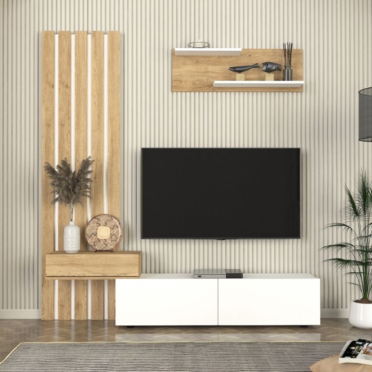 Σύνθεση τηλεόρασης Rosaline Megapap χρώμα λευκό - sepet oak 183x31,3x196,9εκ.