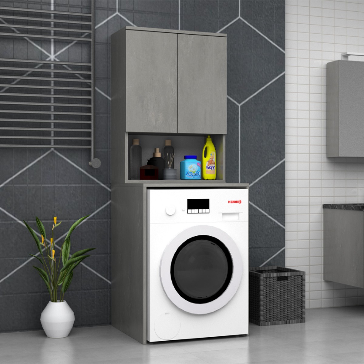 Έπιπλο πλυντηρίου Cozen Megapap χρώμα γκρι σκυροδέματος 65x60x178εκ.