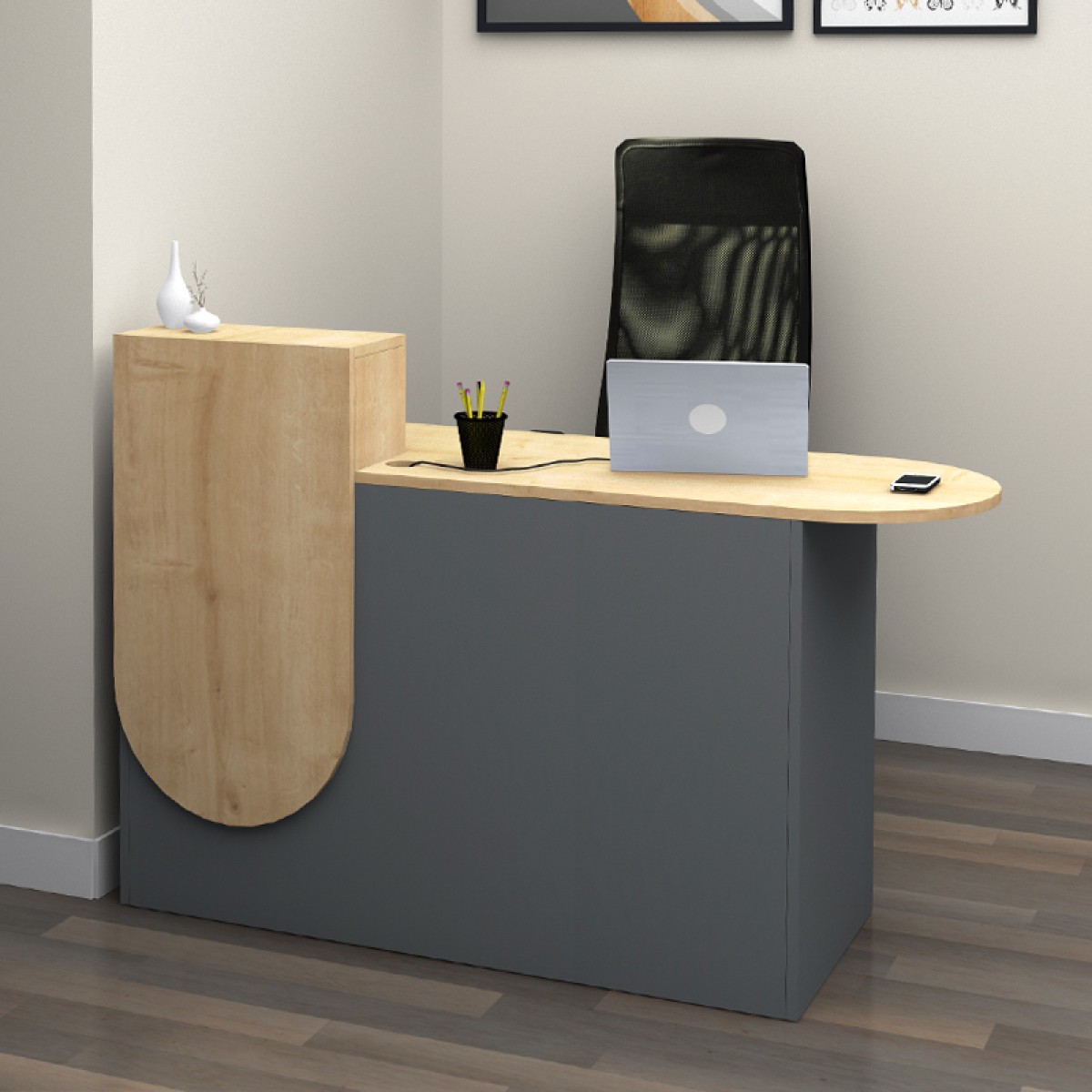 Γραφείο υποδοχής - reception Rezio Megapap χρώμα ανθρακί - φυσικό οξιάς 140x50x101,8εκ.