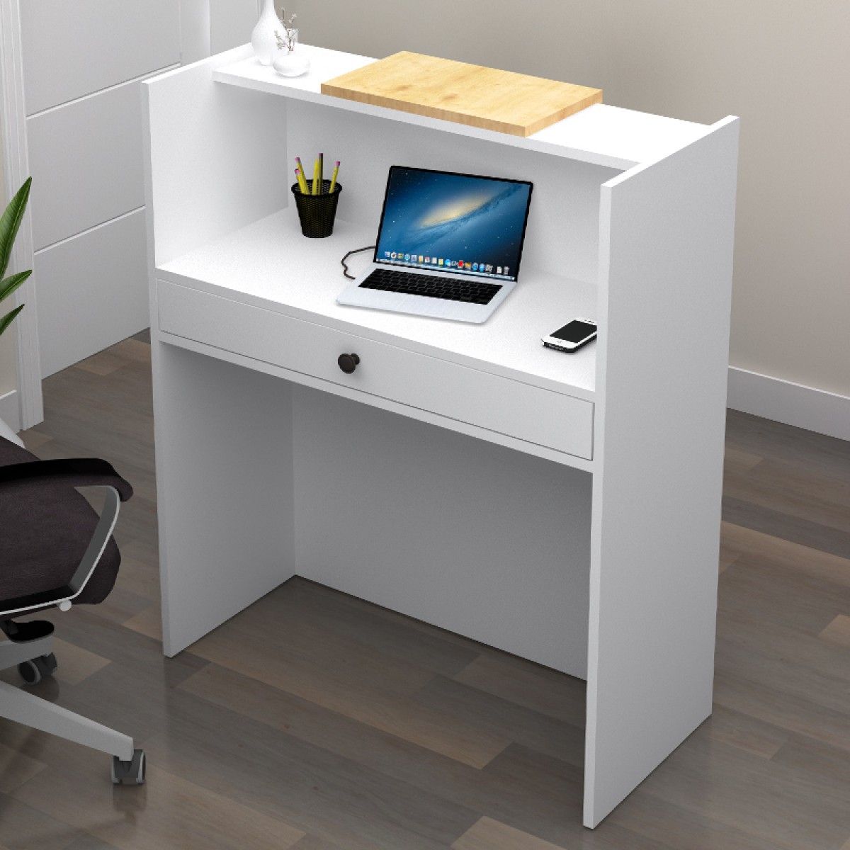 Γραφείο υποδοχής - reception Mezzo Megapap χρώμα λευκό - φυσικό οξιάς 90x40x110εκ.