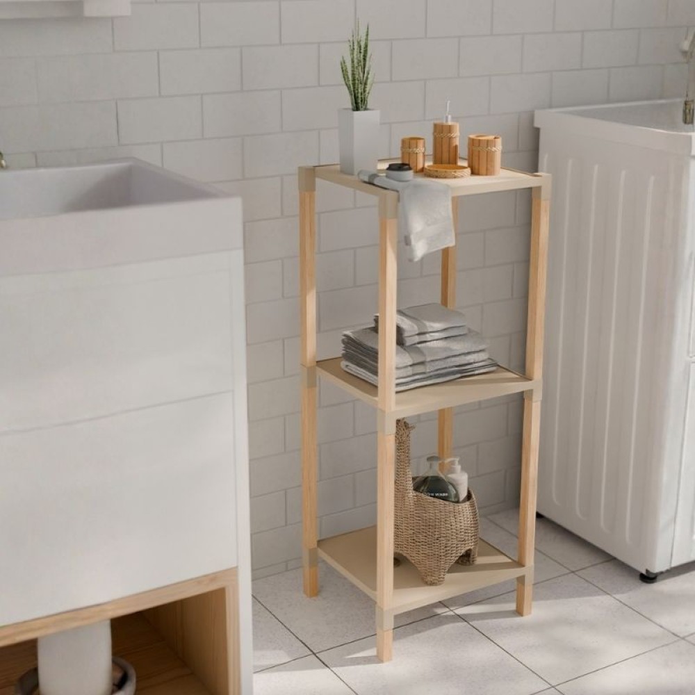 Ραφιέρα δαπέδου πλαστική - ξύλινη χρώμα φυσικό - μπεζ 28x25x72εκ.