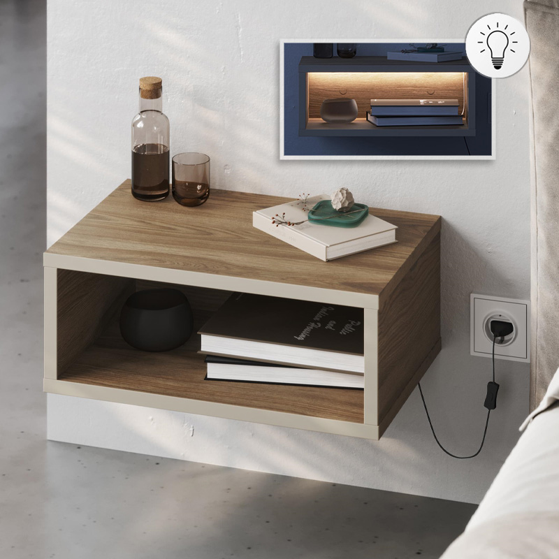 Κομοδίνο επιτοίχιο Brik Megapap με LED χρώμα καρυδί - sandstone 45x30x18εκ.