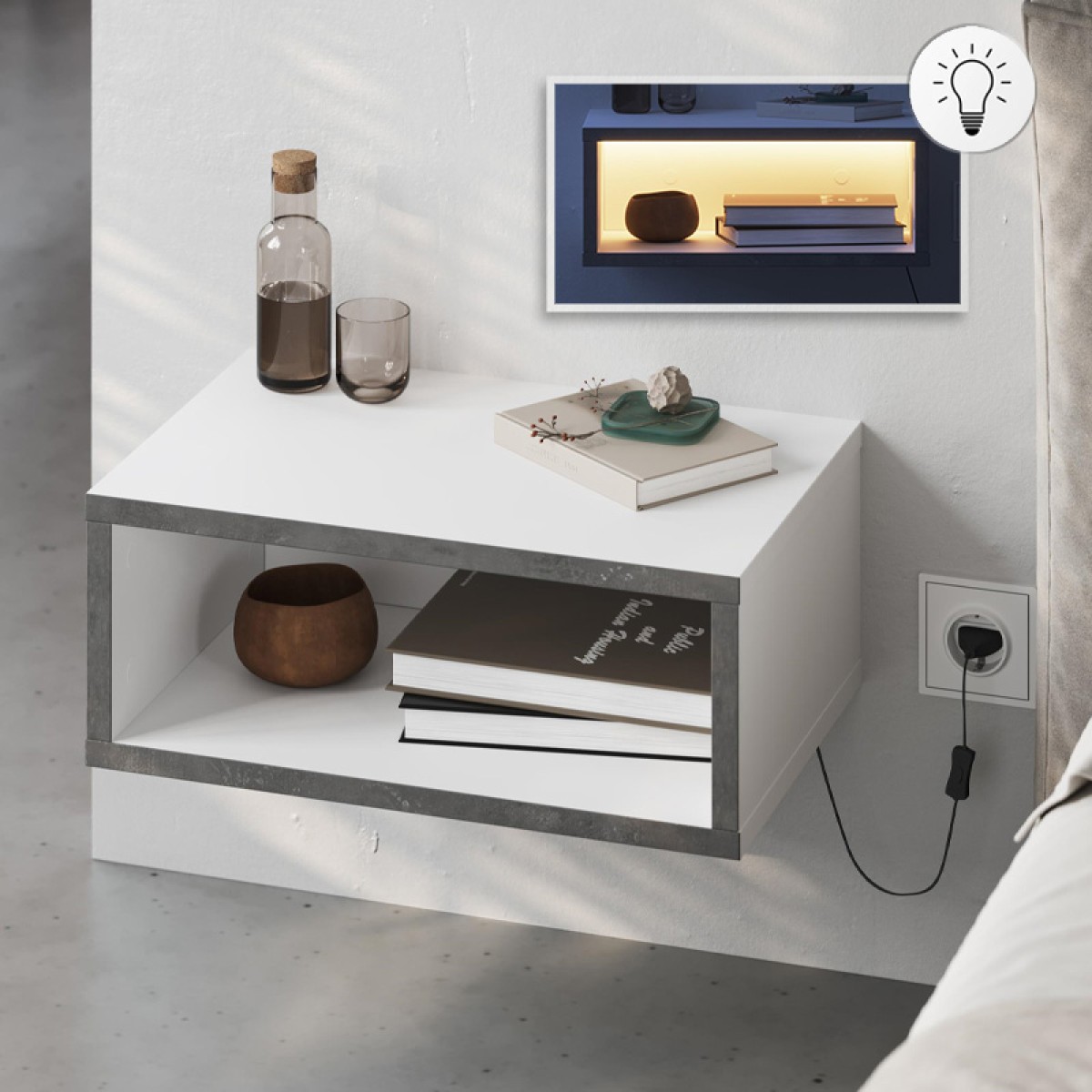 Κομοδίνο επιτοίχιο Brik Megapap με LED χρώμα λευκό - γκρι ρετρό 45x30x18εκ.