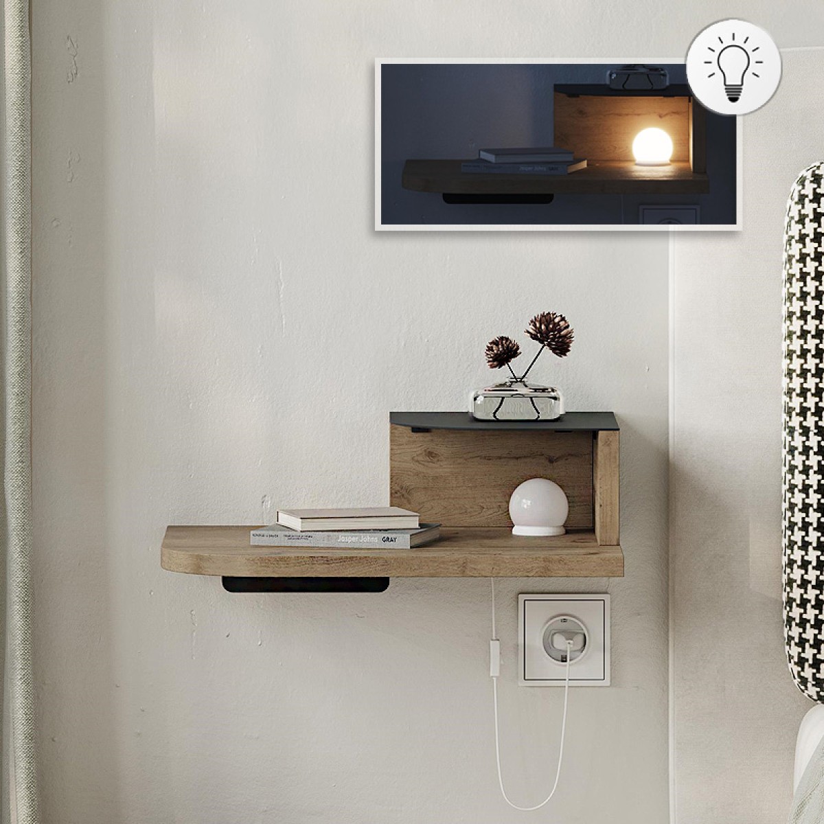 Κομοδίνο επιτοίχιο Luno Megapap με LED χρώμα sepet oak 40x30x16,2εκ.