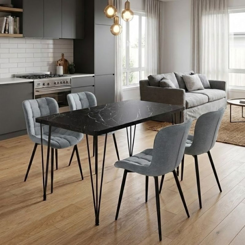 Σετ τραπεζαρία 5τμχ Roger - Chiara Megapap Mdf - ύφασμα χρώμα μαύρο εφέ μαρμάρου - γκρι 120x70x75εκ.