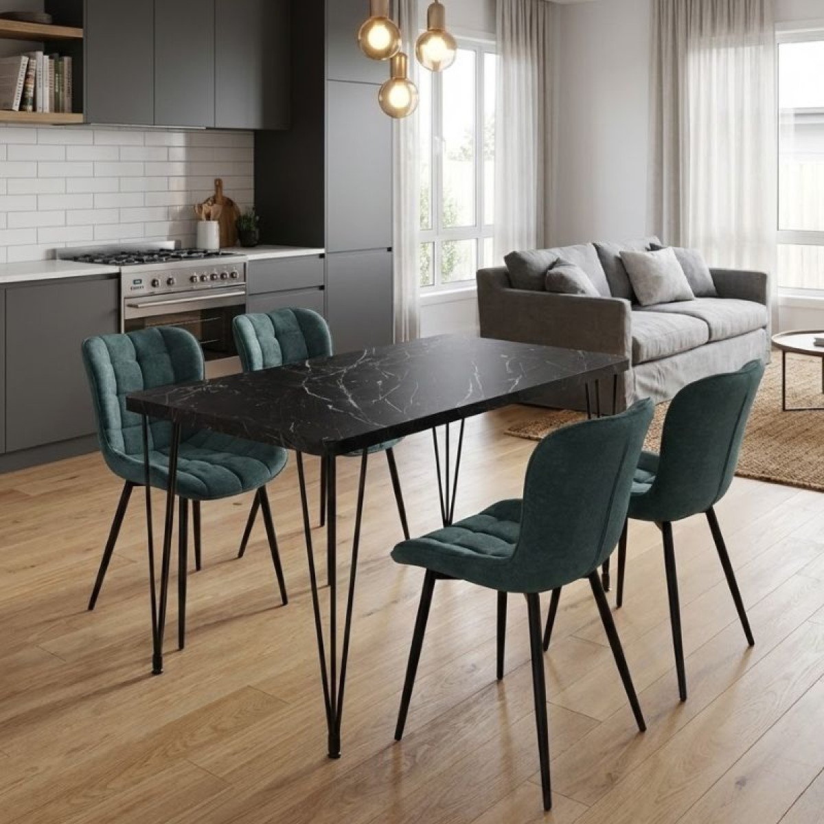 Σετ τραπεζαρία 5τμχ Roger - Chiara Megapap Mdf - ύφασμα χρώμα μαύρο εφέ μαρμάρου - πράσινο 120x70x75εκ.