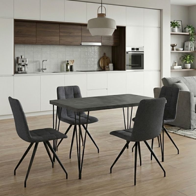 Σετ τραπεζαρία 5τμχ Roger - Bianca Megapap Mdf - ύφασμα χρώμα σκούρο γκρι σκυροδέματος - γκρι 120x70x75εκ.