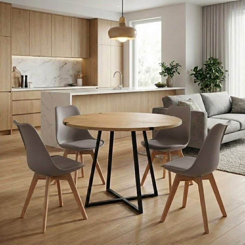 Σετ τραπεζαρία 5τμχ Rubes - Viva Megapap χρώμα φυσικό οξιάς - cappuccino Ø100x78εκ.