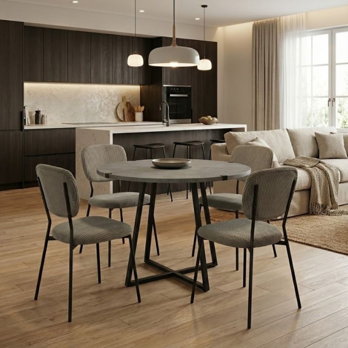 Σετ τραπεζαρία 5τμχ Rubes - Kevin Megapap χρώμα γκρι σκυροδέματος - λαδί Ø100x78εκ.