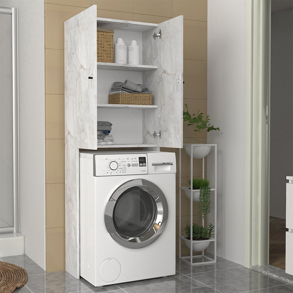 Έπιπλο πλυντηρίου Romme Megapap χρώμα λευκό εφέ μαρμάρου 65x27,1x180εκ.