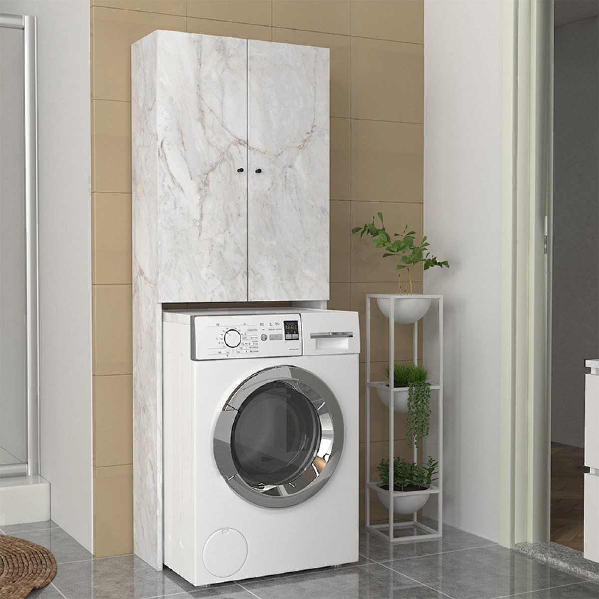 Έπιπλο πλυντηρίου Romme Megapap χρώμα λευκό εφέ μαρμάρου 65x27,1x180εκ.