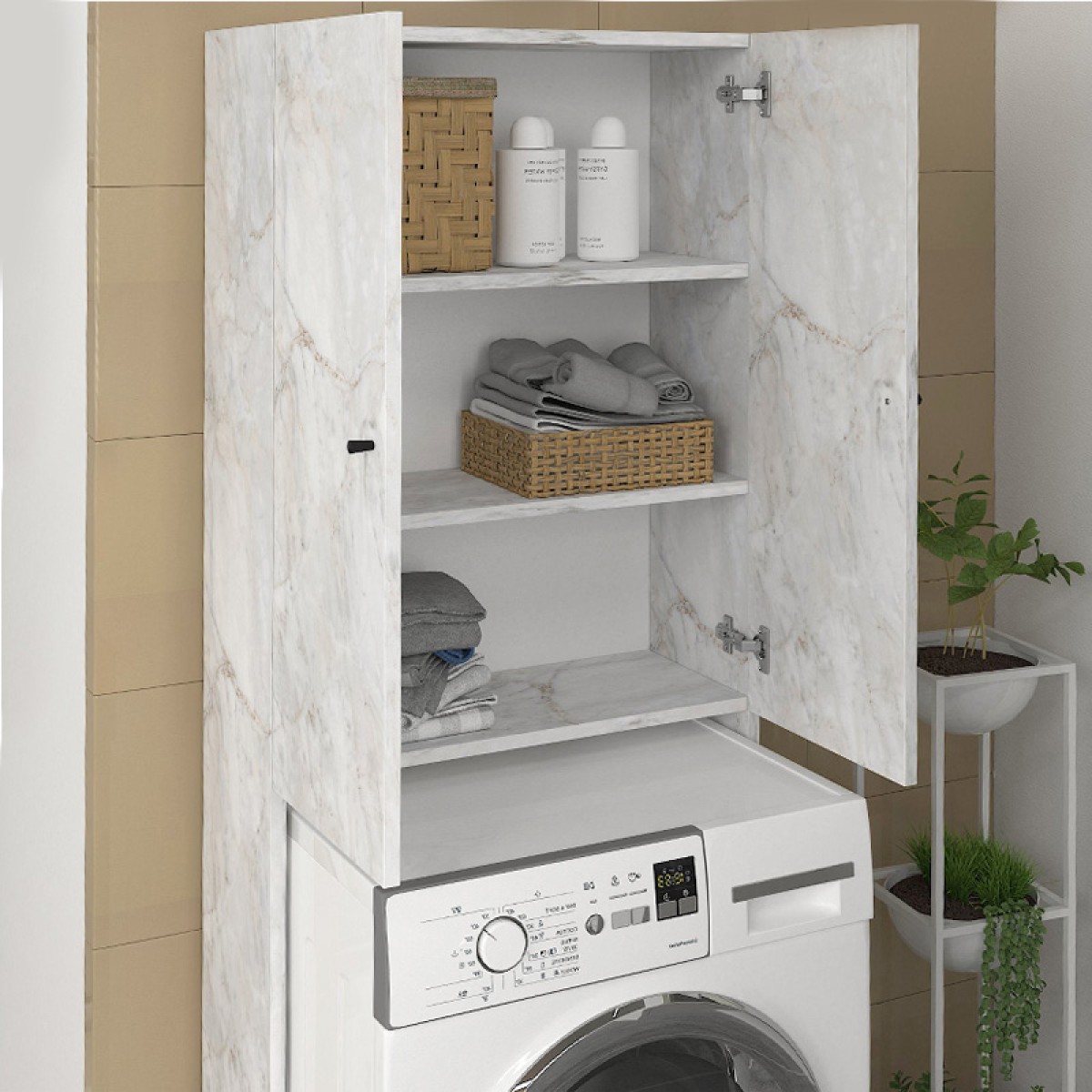 Έπιπλο πλυντηρίου Romme Megapap χρώμα λευκό εφέ μαρμάρου 65x27,1x180εκ.