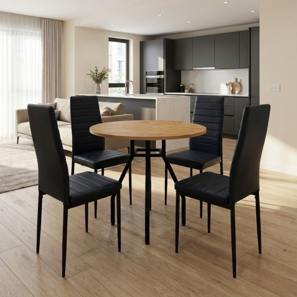 Σετ τραπεζαρία 5τμχ Roma - Rosa Megapap χρώμα pine oak - μαύρο Ø80x75εκ.