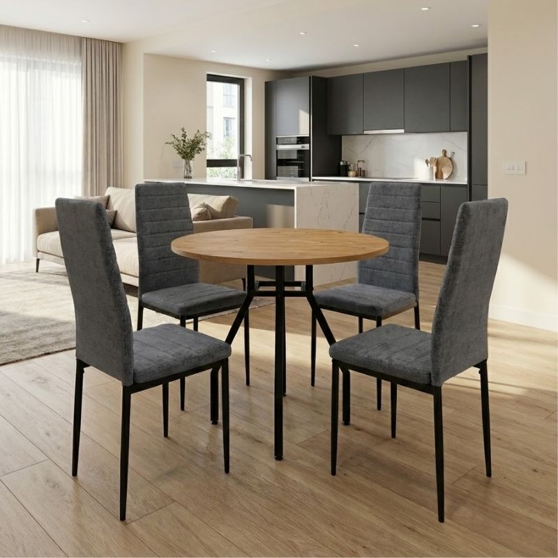 Σετ τραπεζαρία 5τμχ Roma - Rosa Megapap χρώμα pine oak - γκρι Ø80x75εκ.