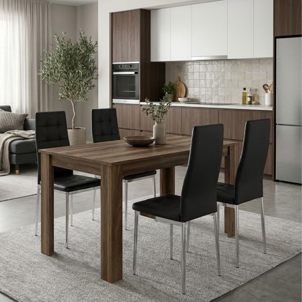 Σετ τραπεζαρία 5τμχ Darlen - Rosa Megapap χρώμα καρυδί - μαύρο/χρωμίου πόδι 125x72x74εκ.