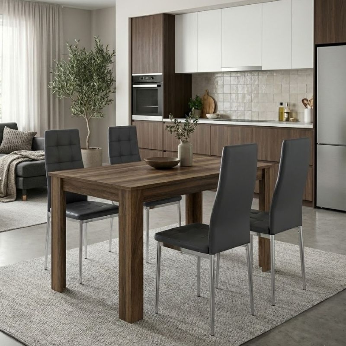 Σετ τραπεζαρία 5τμχ Darlen - Rosa Megapap χρώμα καρυδί - γκρι/χρωμίου πόδι 125x72x74εκ.