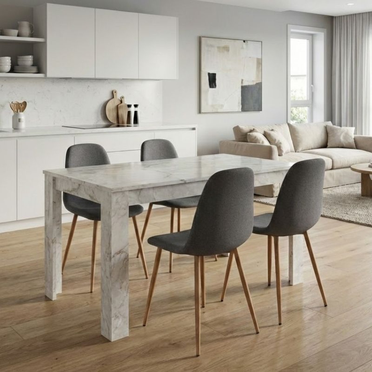 Σετ τραπεζαρία 5τμχ Darlen - Iris Megapap χρώμα λευκό εφέ μαρμάρου - γκρι/φυσικό πόδι 125x72x74εκ.